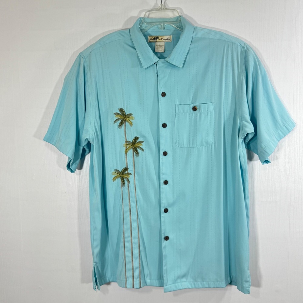 Joe Marlin Mens Button Down Shirt‎ Palm Tree Embroidered Light Blue Large